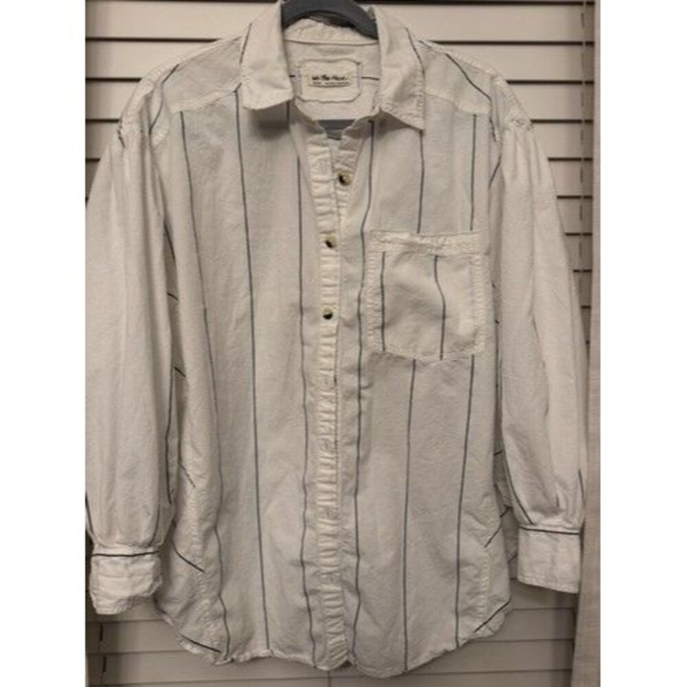 We The Free People M White/Black Striped Button-Up Shirt, Seaside Cotton
